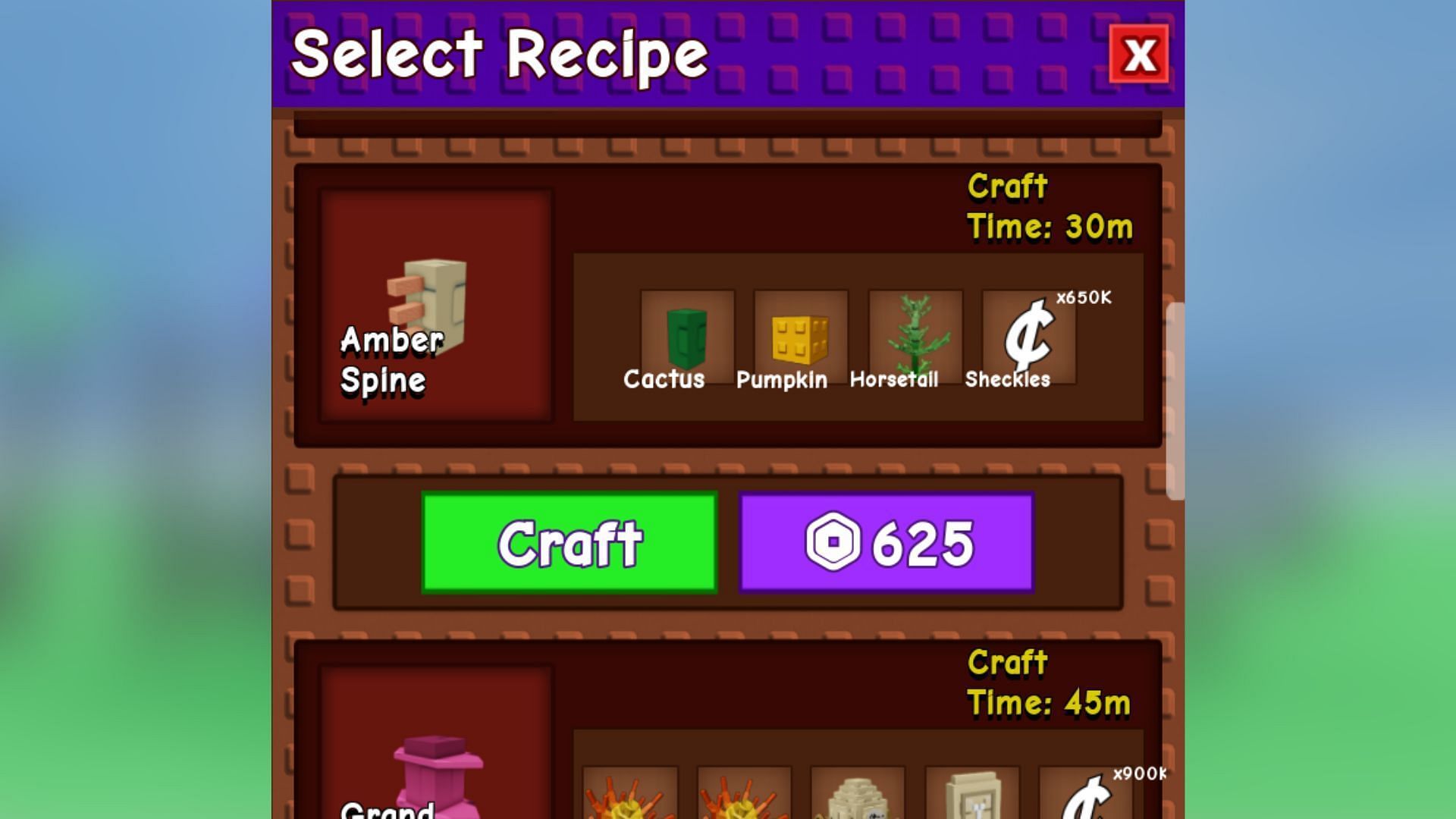 Select the Amber Spine in Select Recipe and click the Craft button to obtain it (Image via Roblox)